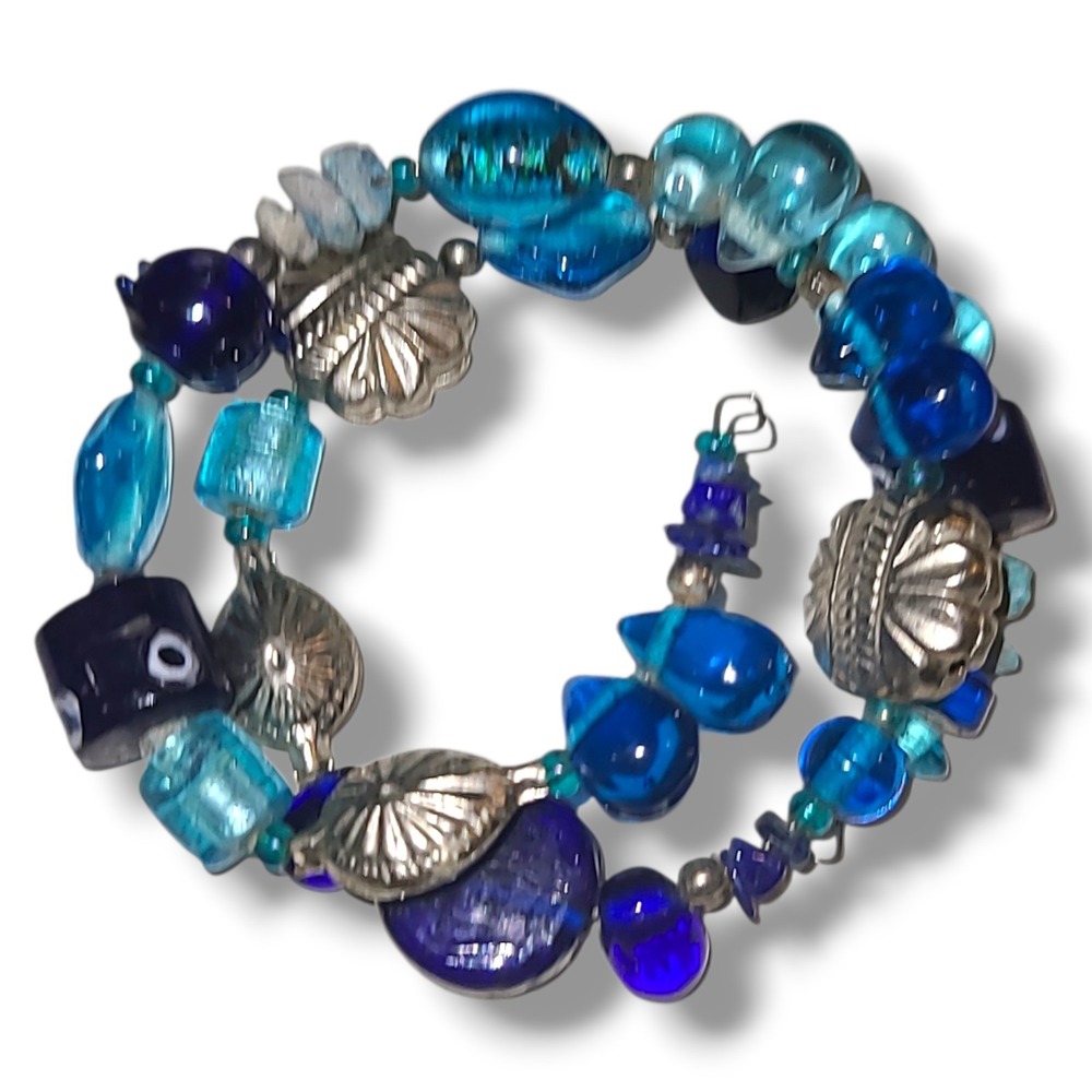Blue Lampwork Glass Memory Wire Wrap Bracelet‎ Evil Eye Beach Boho Artisan